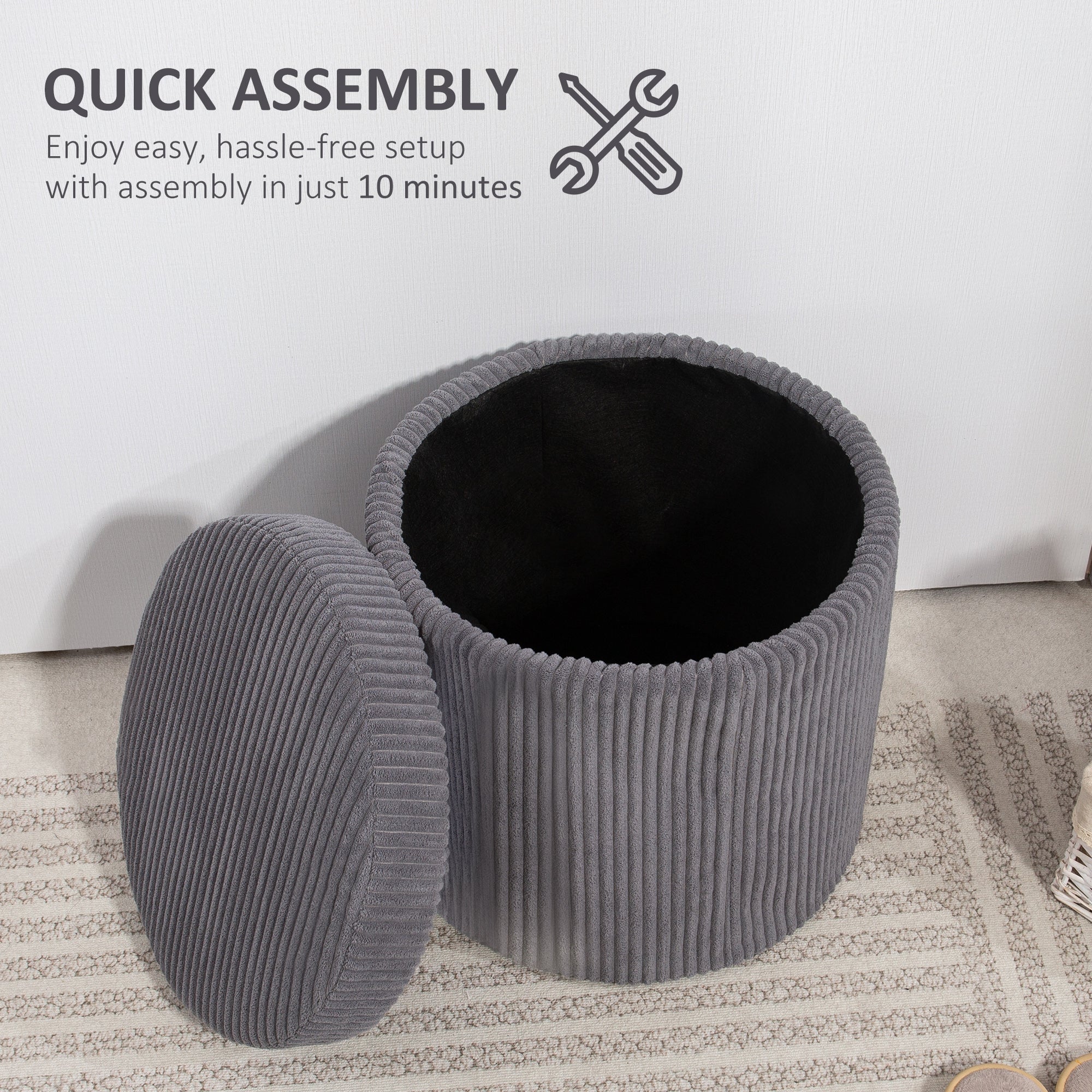 40cm Round Storage Ottoman, Corduroy Footstool with Removable Lid and Legs, Grey
