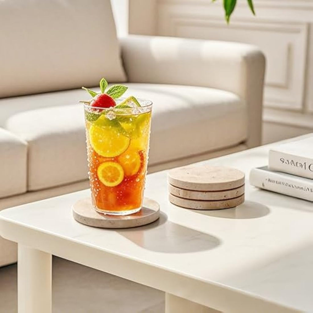 Set of 4 Round Travertine Marble Coasters
