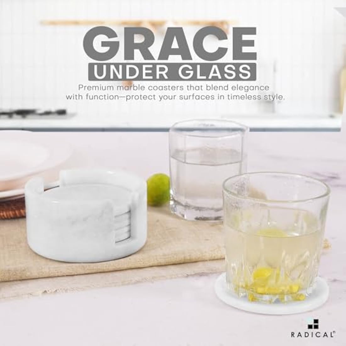 Set of 6 White Marble Coasters with Holder