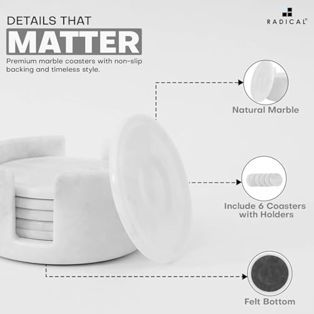 Set of 6 White Marble Coasters with Holder