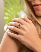 Emerald Round Cut Three Stone Engagement Ring in Sterling Silver
