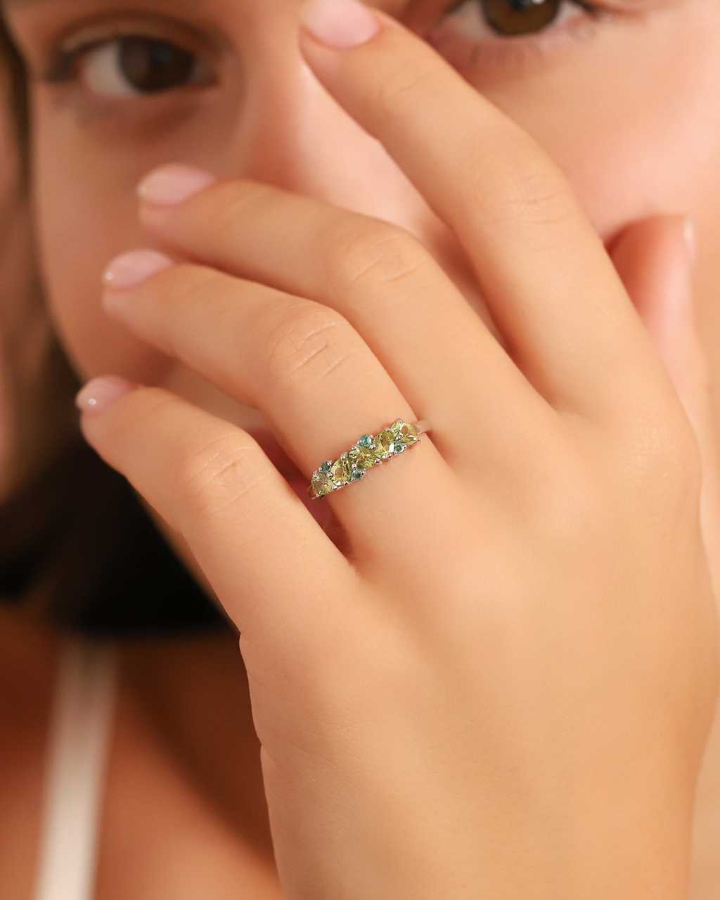 Emerald & Peridot Pear Cut Half Eternity Band in Sterling Silver