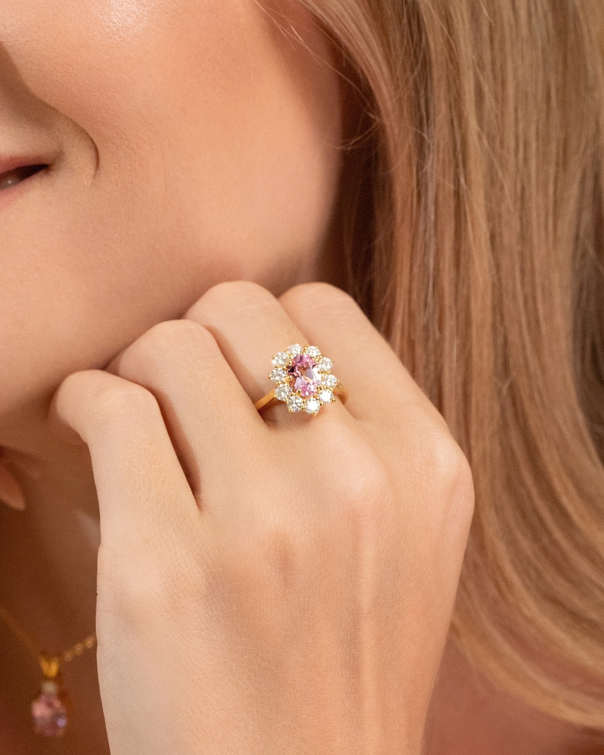 Pink Sapphire Halo Engagement Ring in 18k Gold Vermeil