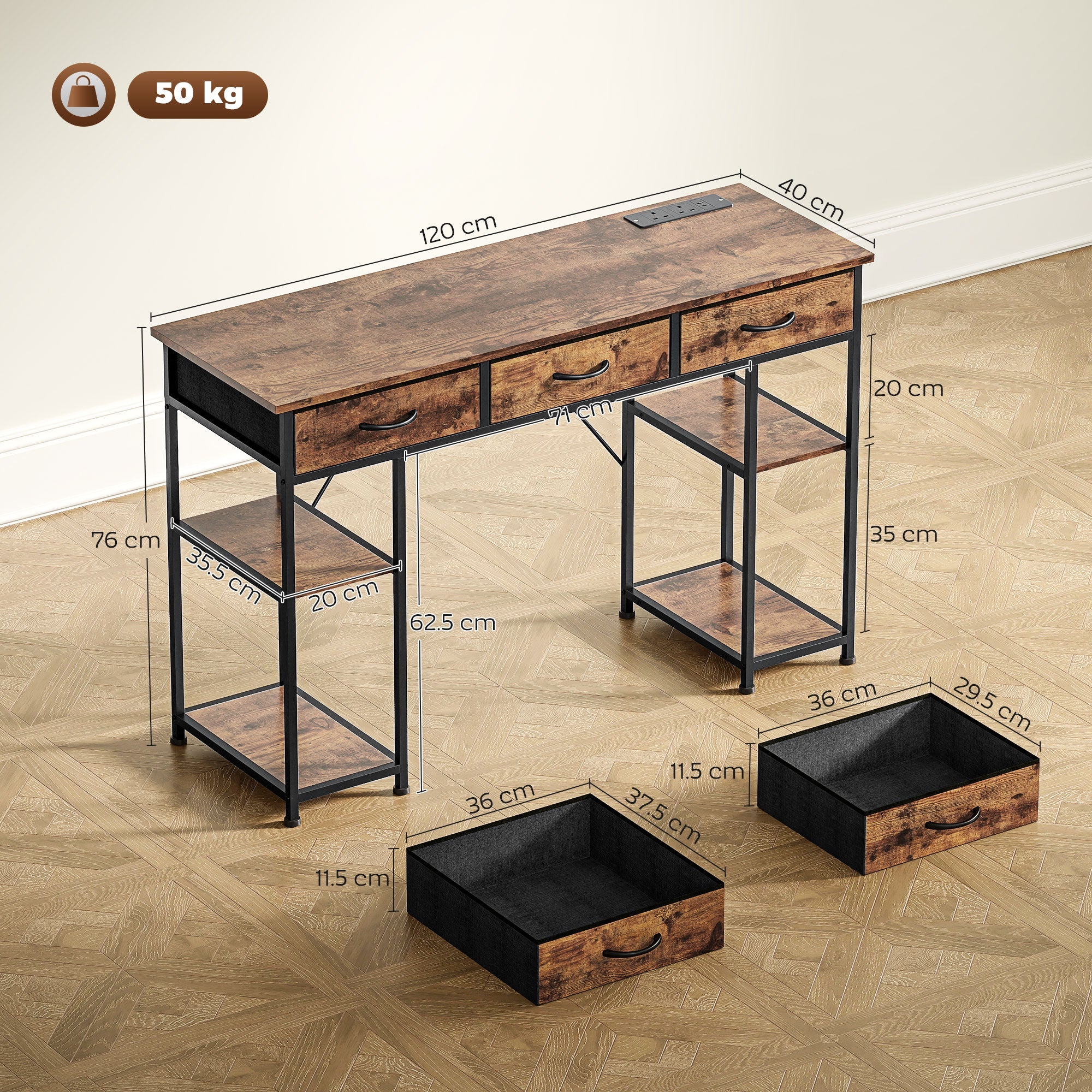 120cm Computer Desk with Power Outlets, Office Desk Study Table with 3 Fabric Drawers and 4 Storage Shelves, Rustic Brown