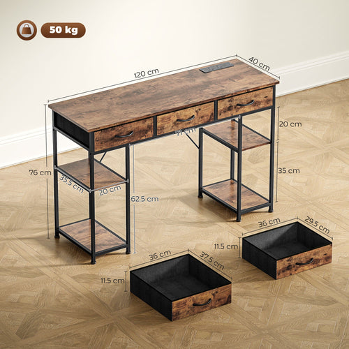 120cm Computer Desk with Power Outlets, Office Desk Study Table with 3 Fabric Drawers and 4 Storage Shelves, Rustic Brown