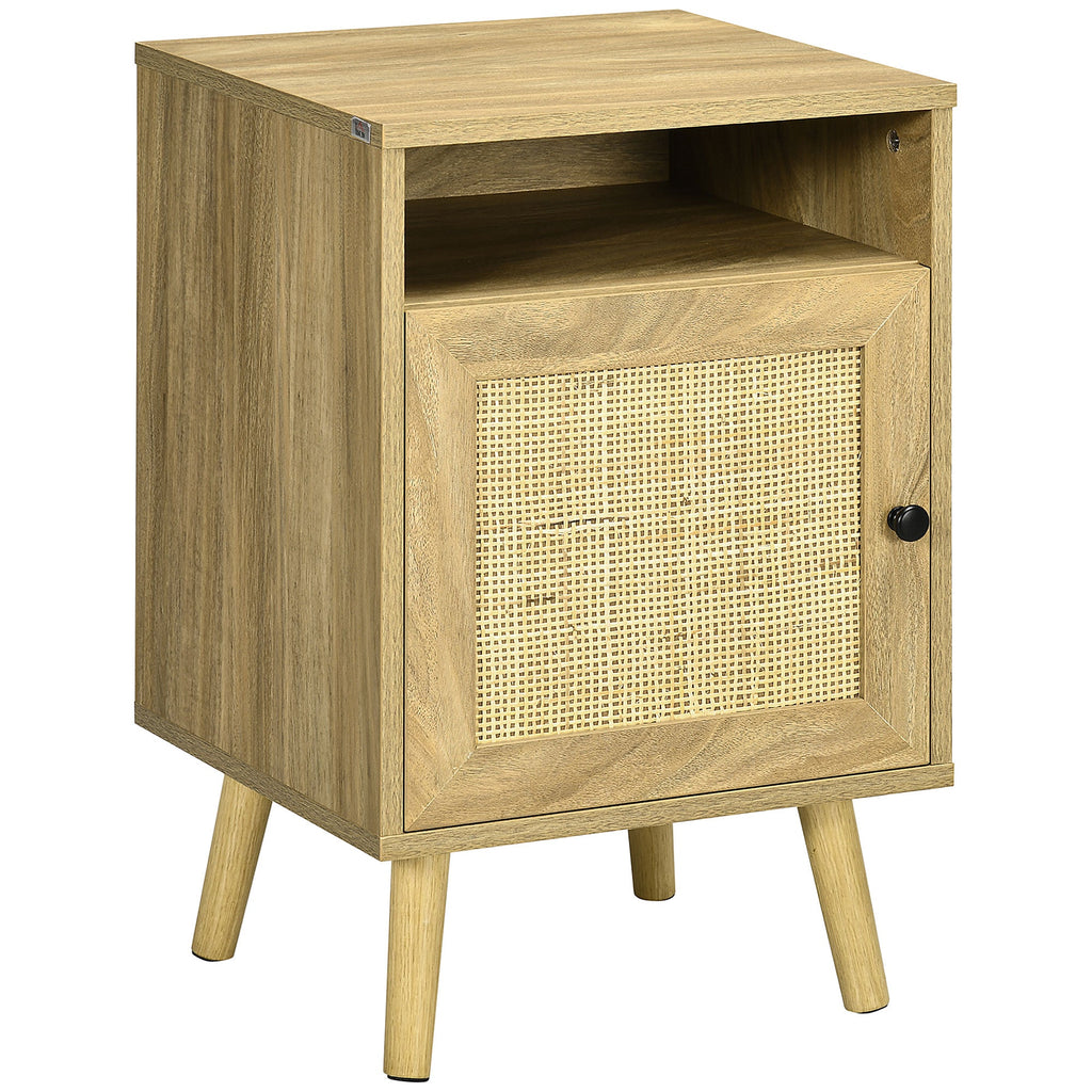 Nightstand, Rattan Bedside Table w/ Cabinet, Shelf, Natural