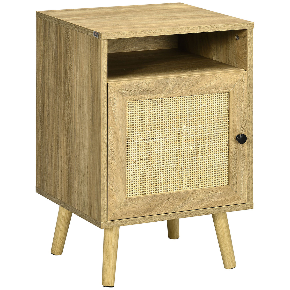 Nightstand, Rattan Bedside Table w/ Cabinet, Shelf, Natural