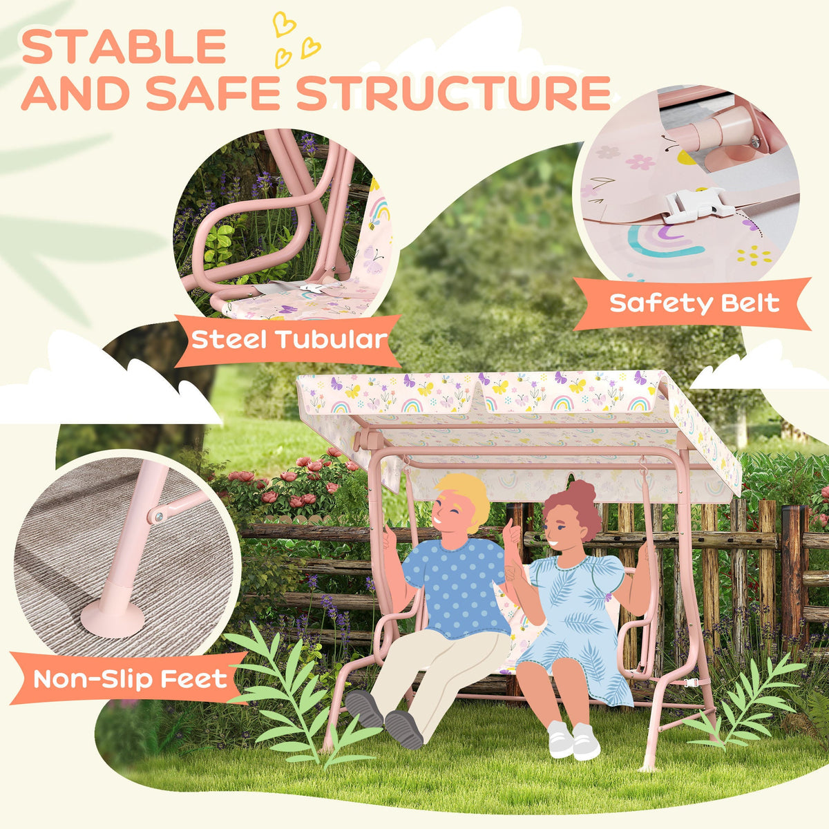 Kids Garden Swing Chair, Swing Seat with Adjustable Canopy, Pink