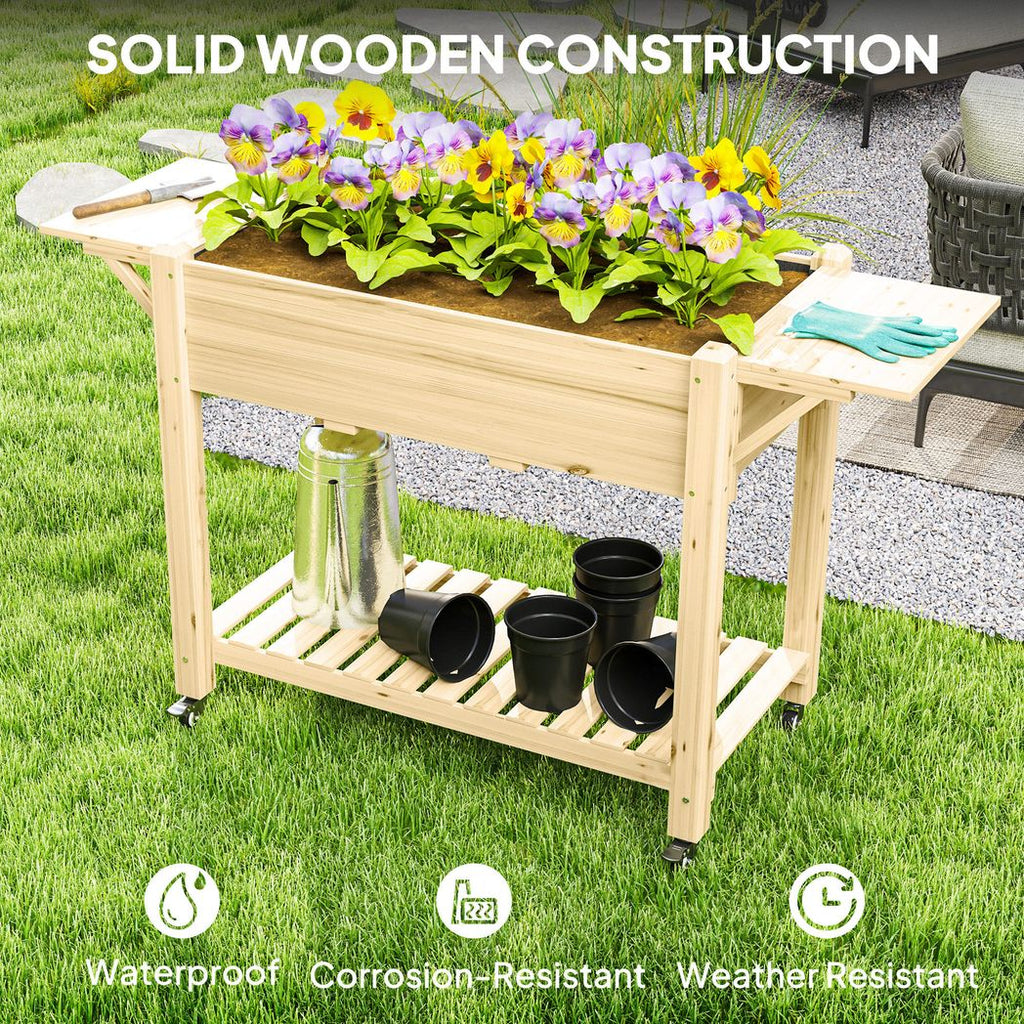 Wooden Raised Planter with Lockable Wheels, Liner