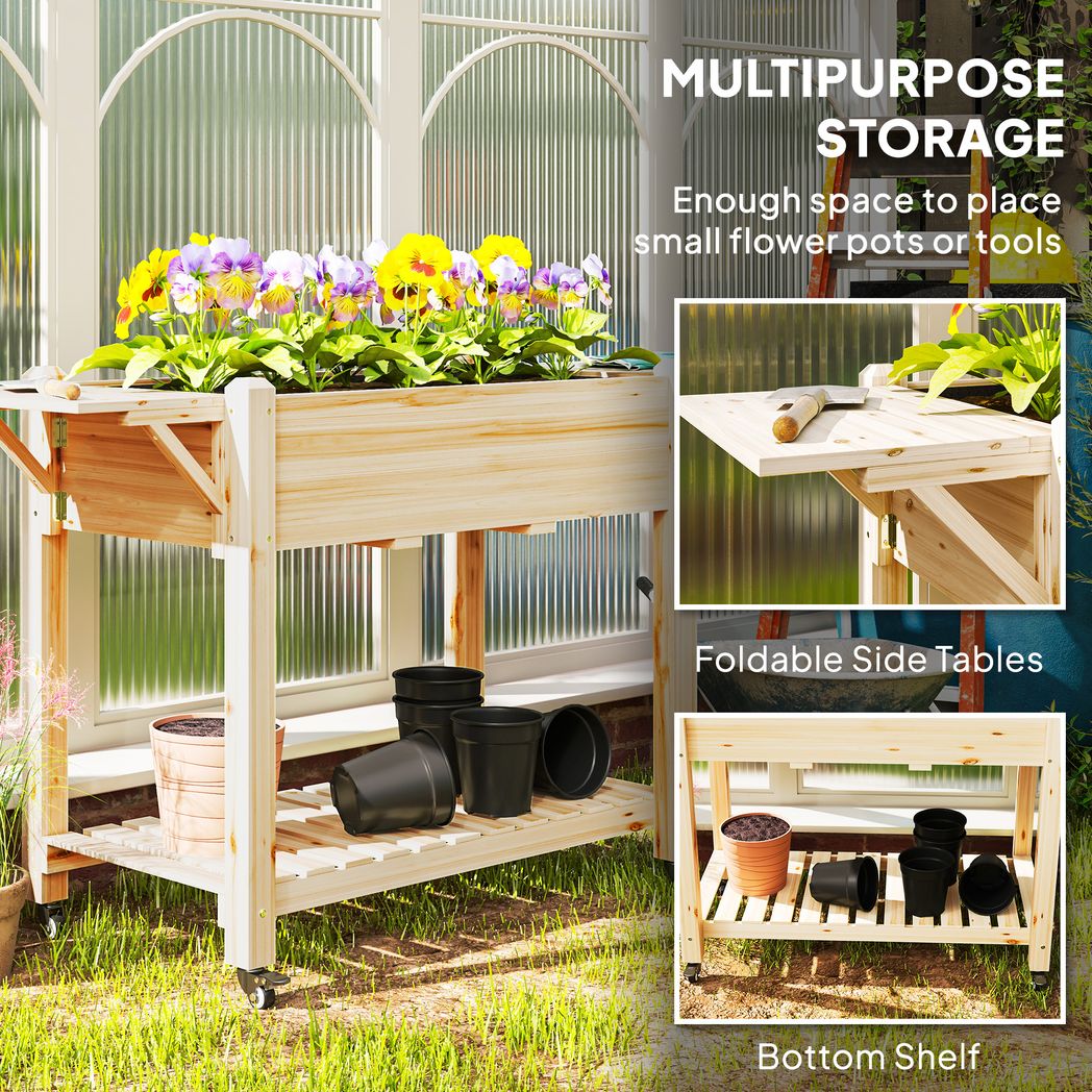 Wooden Raised Planter with Lockable Wheels, Liner
