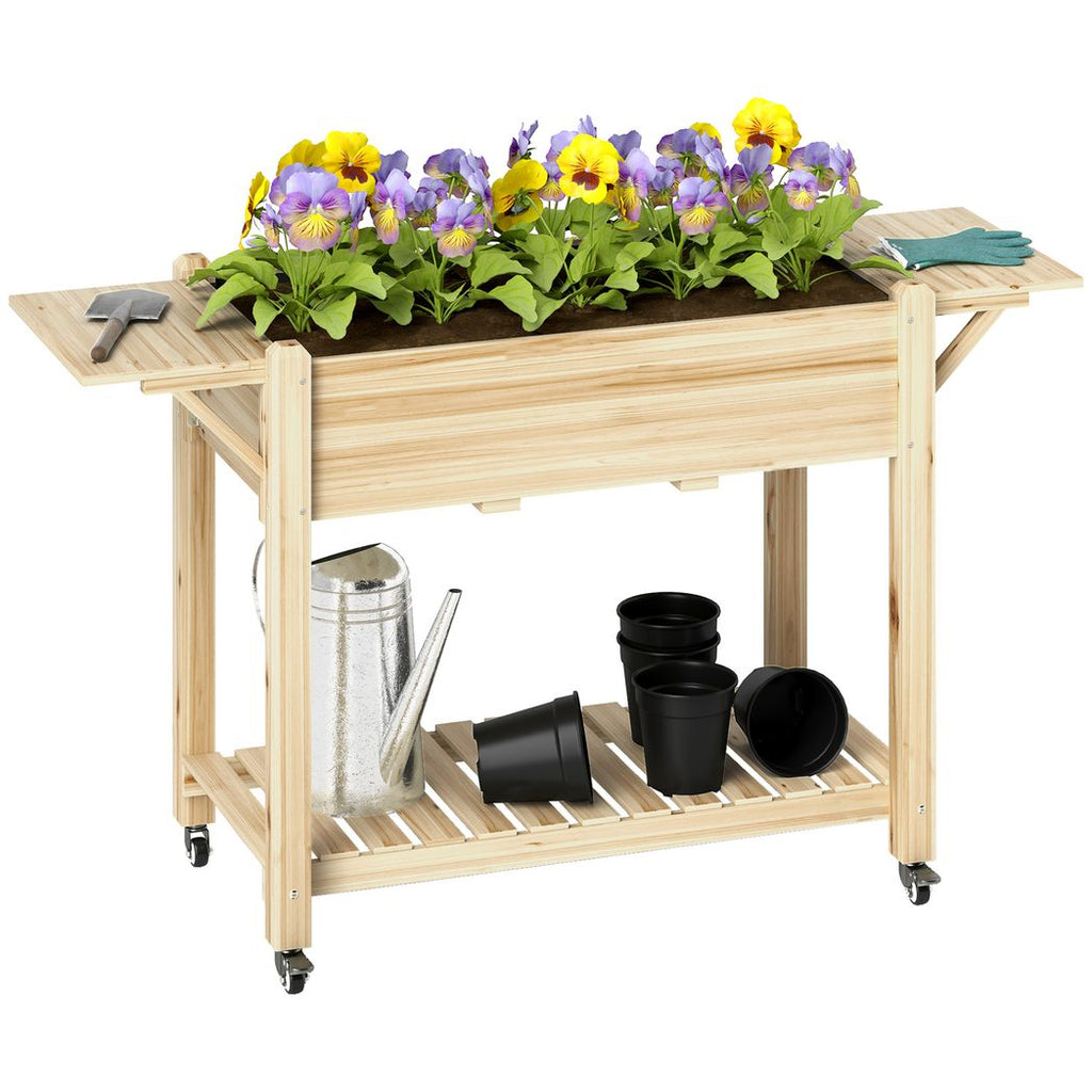 Wooden Raised Planter with Lockable Wheels, Liner