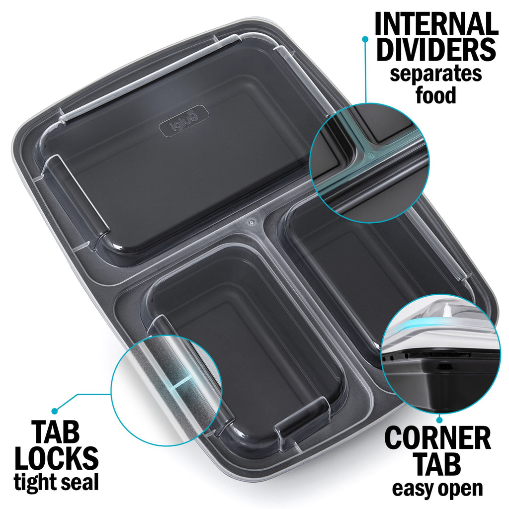 3-Compartment Reusable Containers with Airtight Lids - 946ml