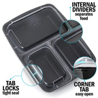 3-Compartment Reusable Containers with Airtight Lids - 946ml