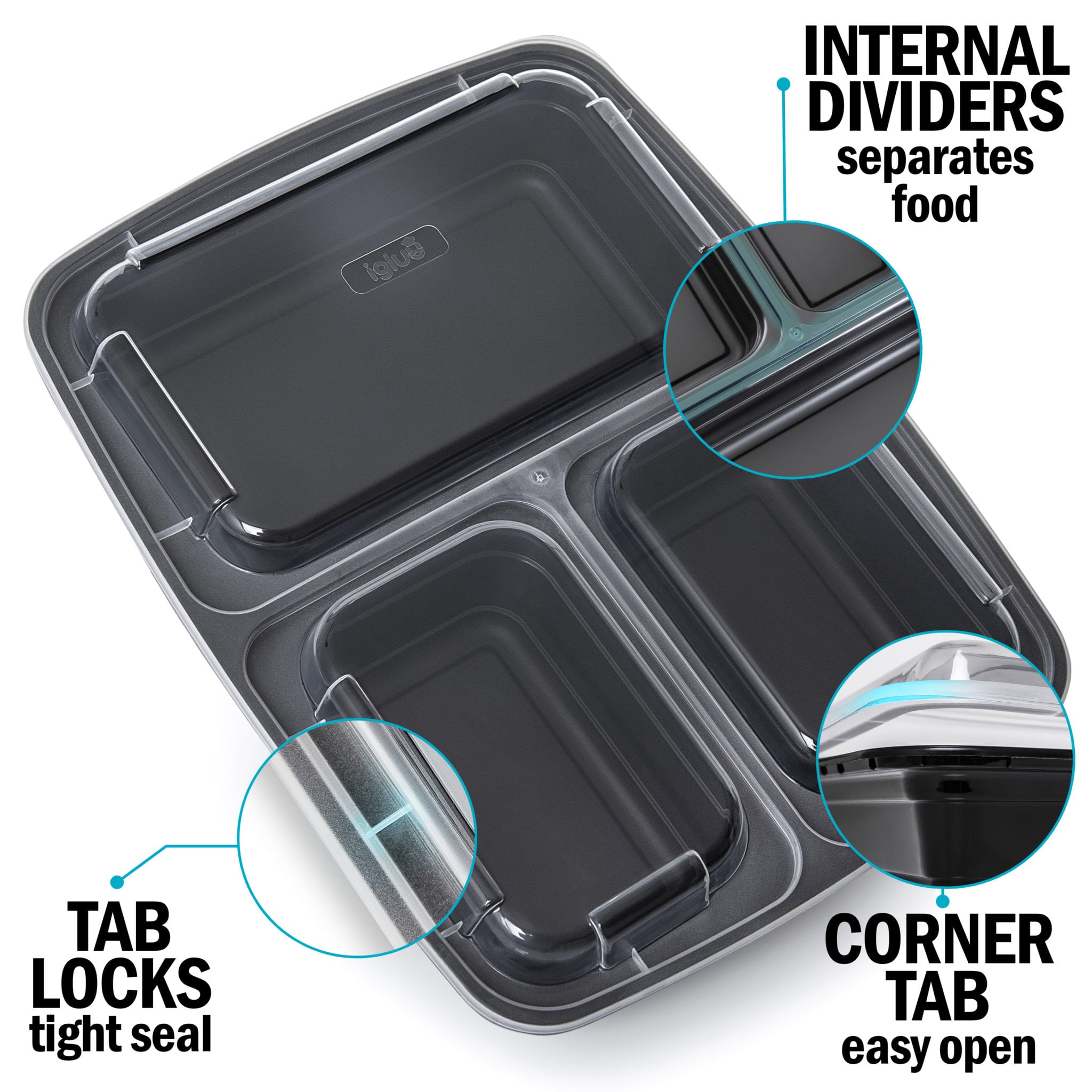 3-Compartment Reusable Containers with Airtight Lids - 946ml