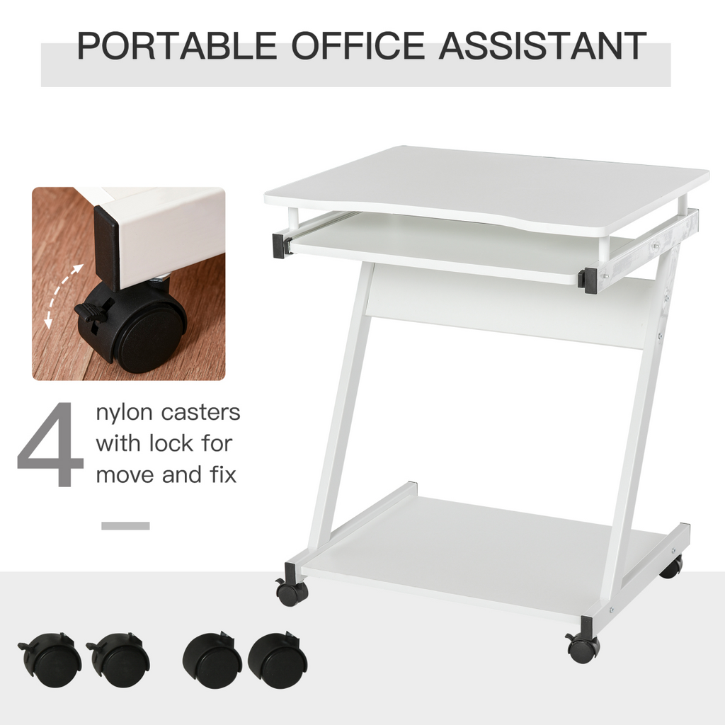 Movable Computer Desk with 4 Moving Wheels Sliding Keyboard Tray White