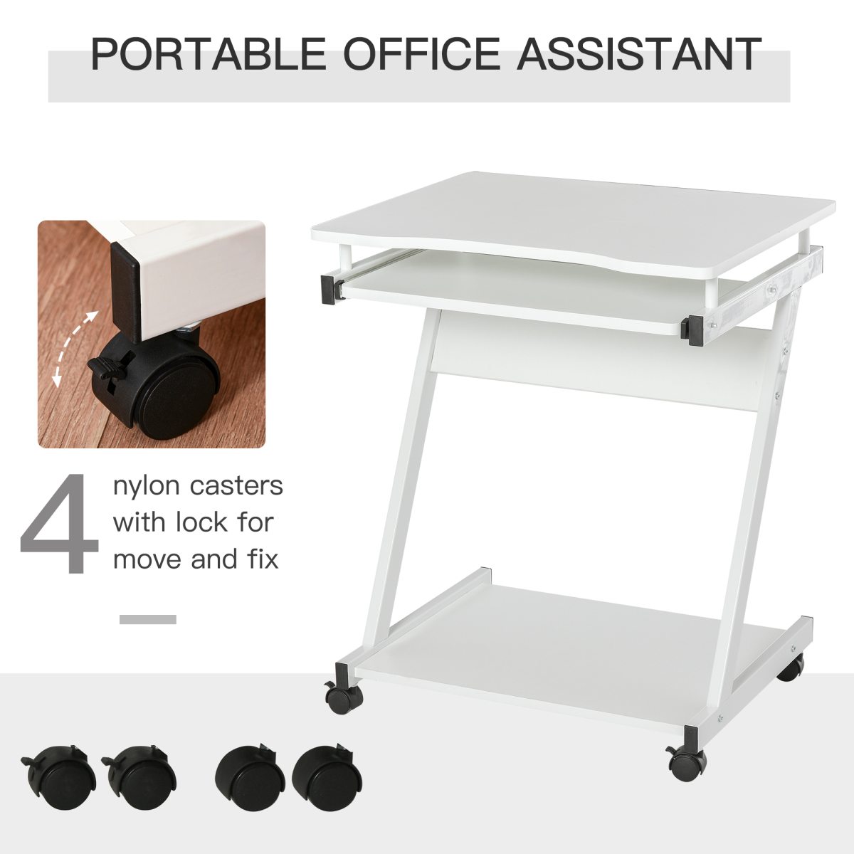 Movable Computer Desk with 4 Moving Wheels Sliding Keyboard Tray White