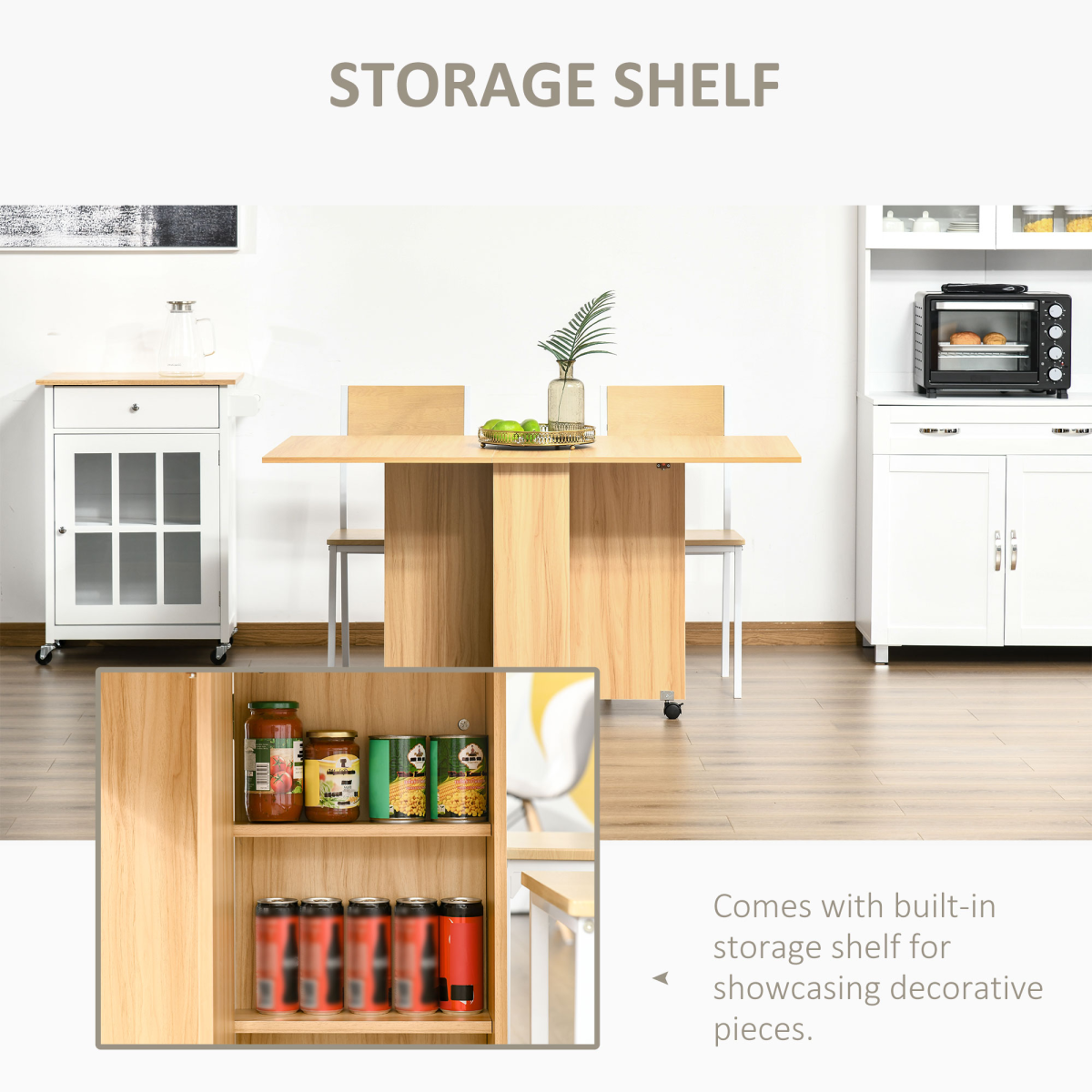 Foldable Dining Table with Storage Shelves for Kitchen, Dining Room