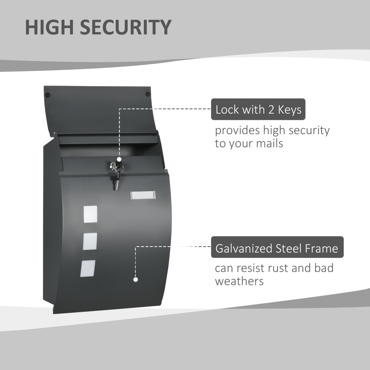 Weatherproof Wall Mounted Letter Box Post Box with Keys Anthracite Grey