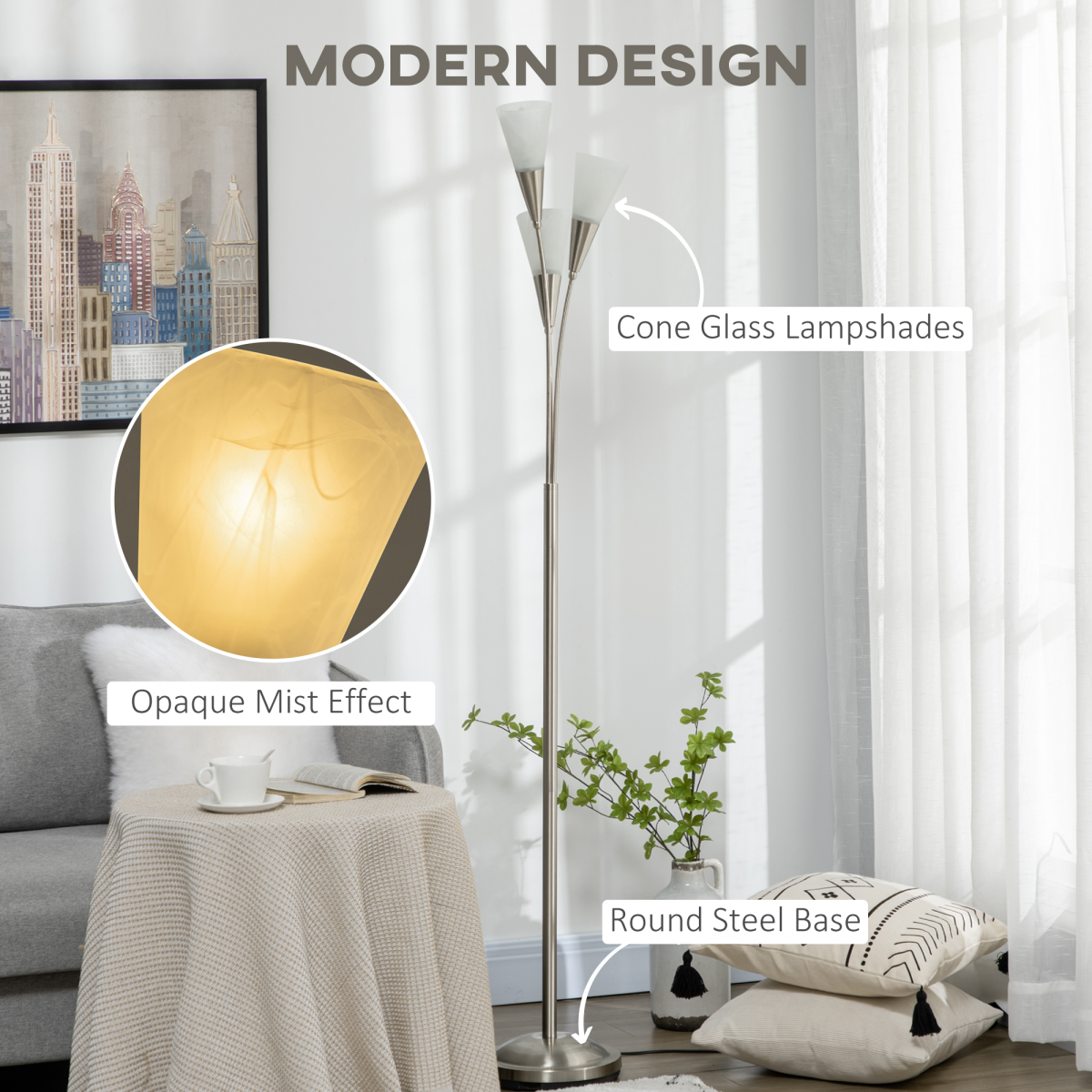 Modern Upright Floor Lamp with 3 Light, Steel Base for Living Room