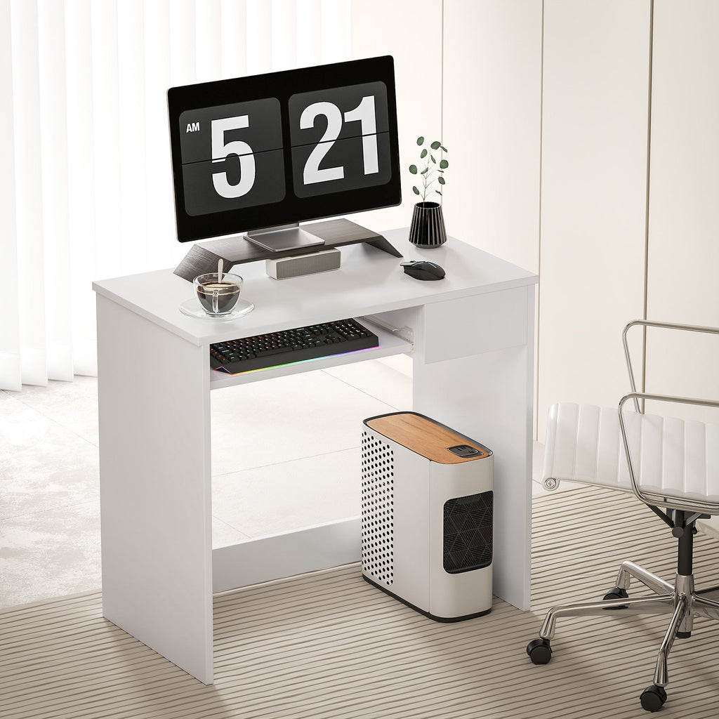 Compact Computer Desk with Keyboard Tray, Home Office Desk with Drawer for Bedroom Study, White