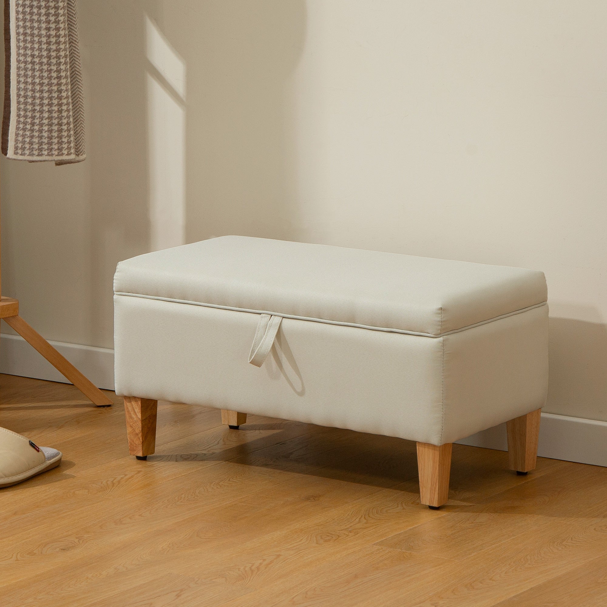 30L Linen Storage Ottoman Padded Footstool with Rubberwood Legs, Beige Beige