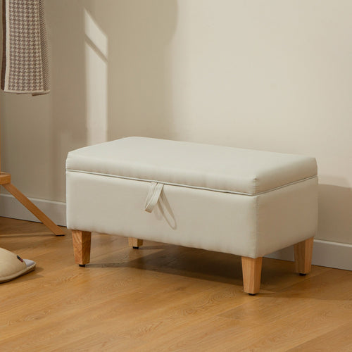 30L Linen Storage Ottoman Padded Footstool with Rubberwood Legs, Beige Beige