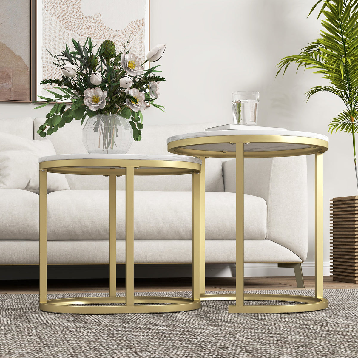 2 Pcs Coffee Table with Faux Marble Side Accent Tables White