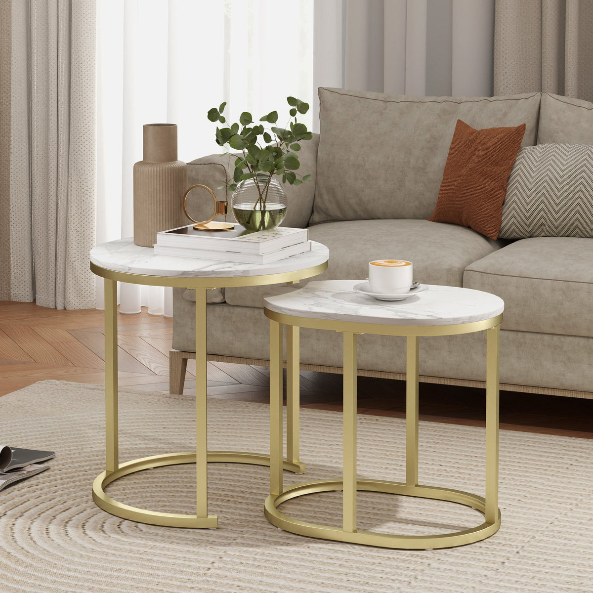 2 Pcs Coffee Table with Faux Marble Side Accent Tables White