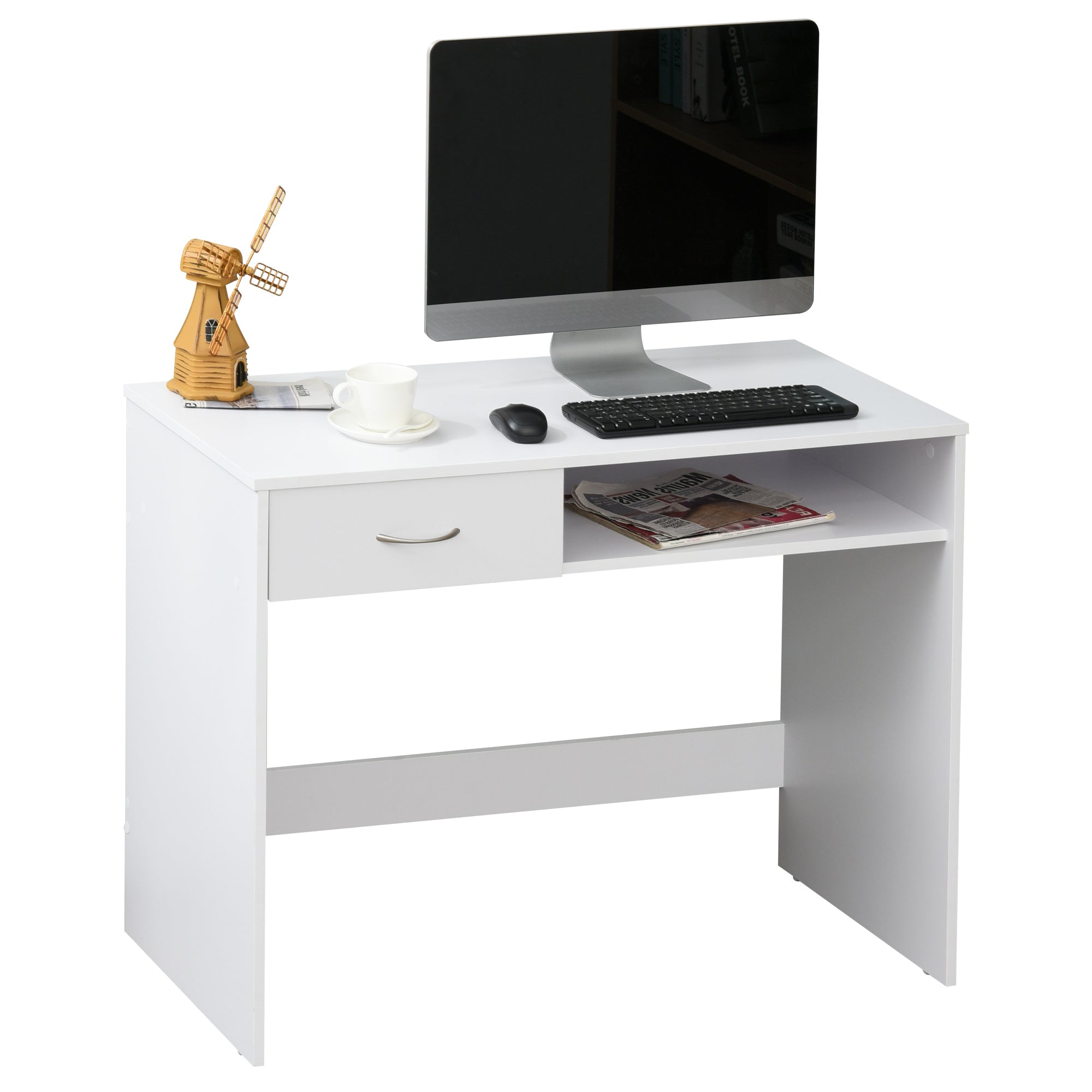 Compact Computer Desk, Study Table with Drawer and Storage Compartment, Writing Workstation, White White