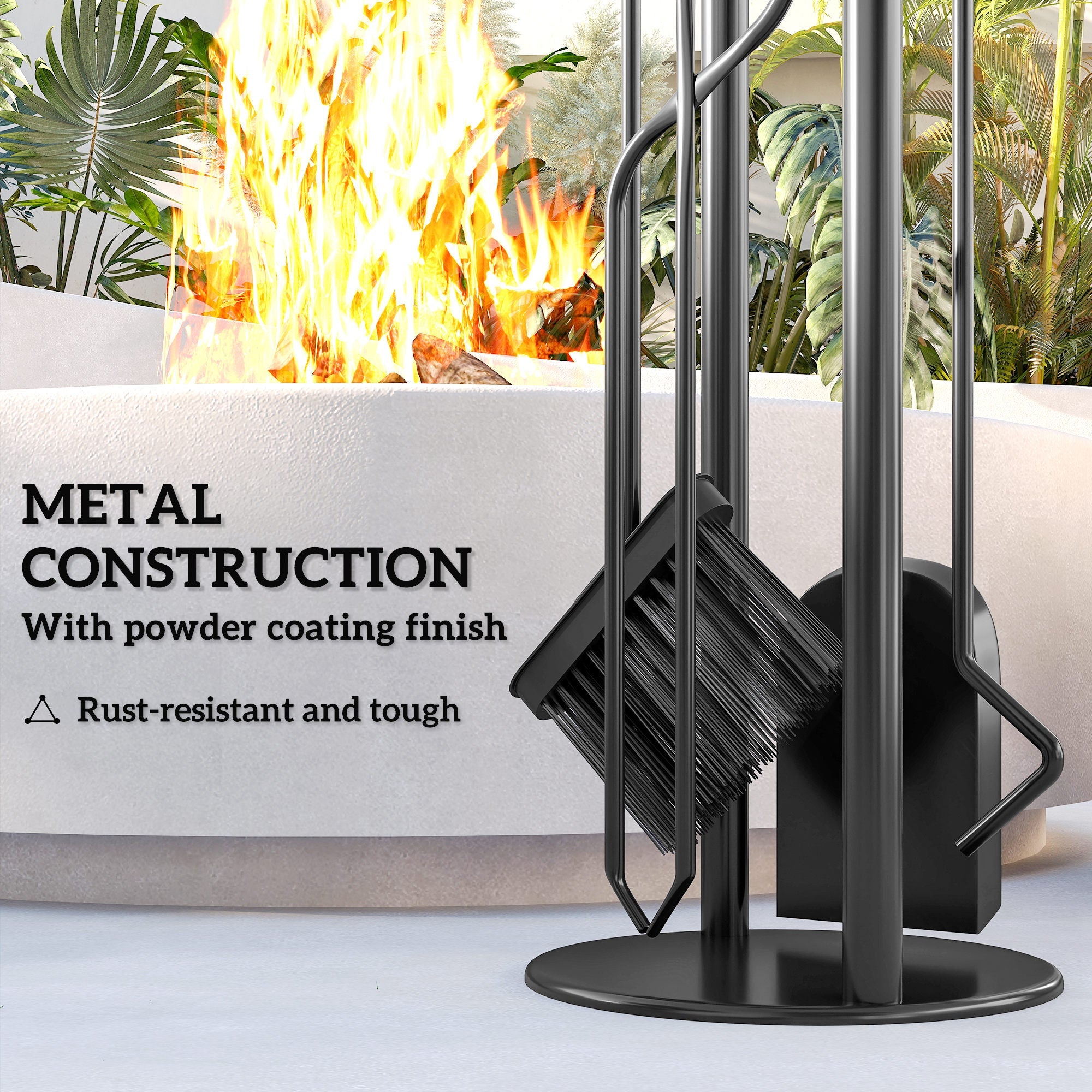 5 Piece Fireplace Tools Set, Metal Fireplace Accessories with Broom, Shovel, Poker, Tongs & Stand, Silver