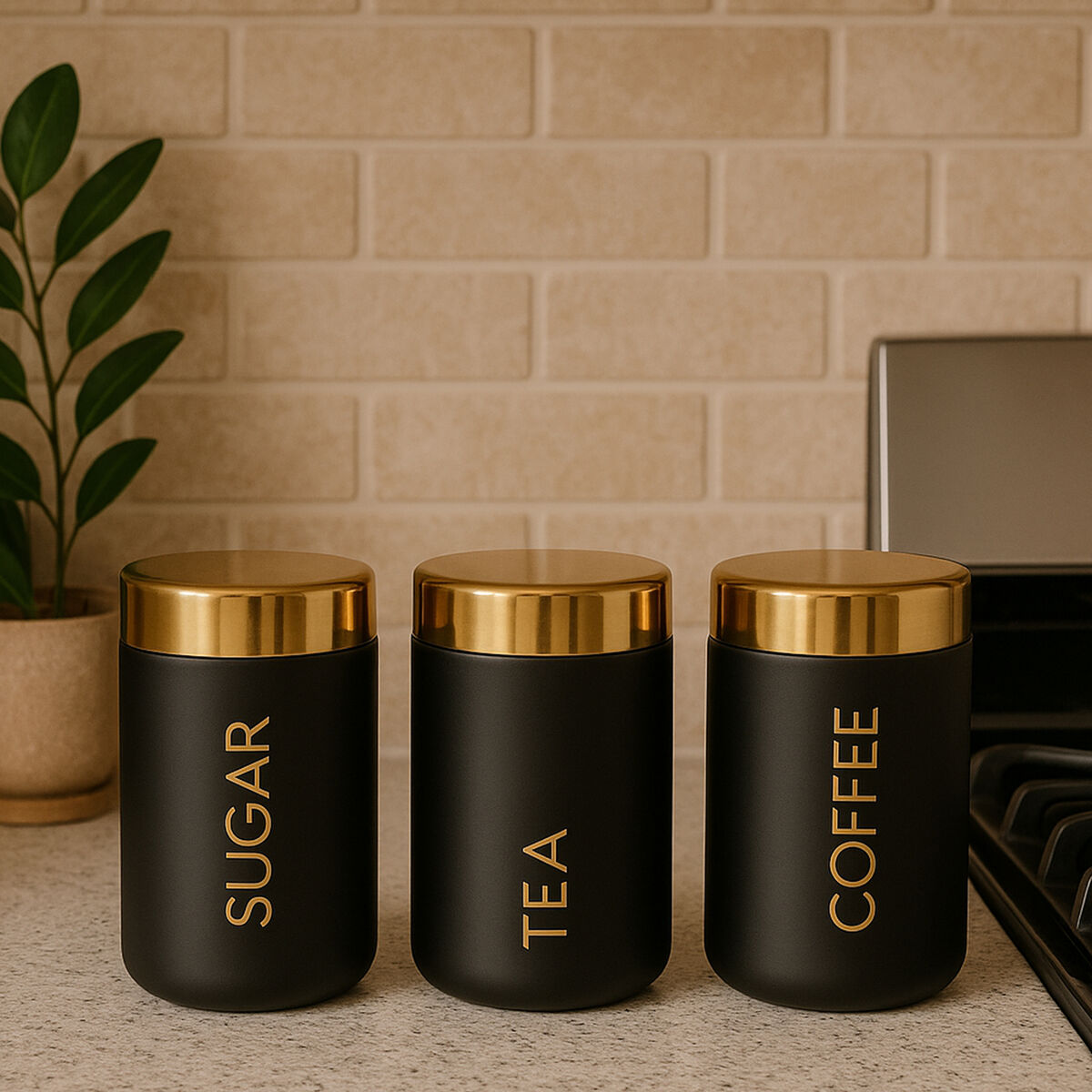 Set Of 3 Black Enamel Tea Coffee And Sugar Canisters