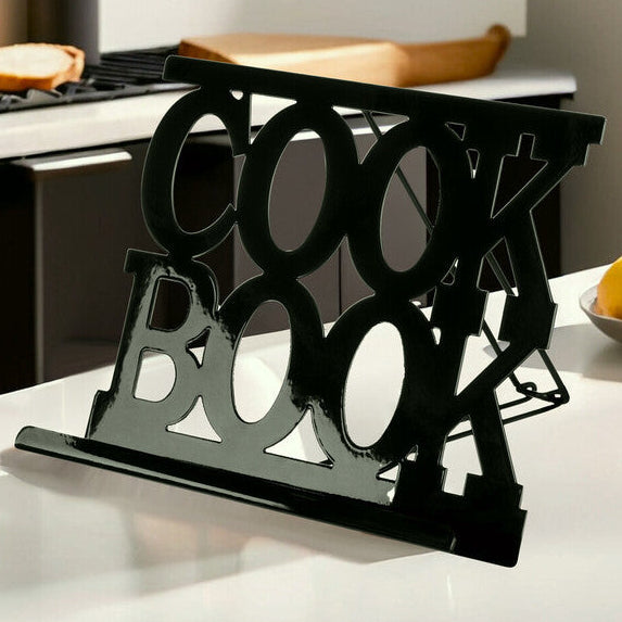 Black Enamel Metal Cookbook Stand with Adjustable Support