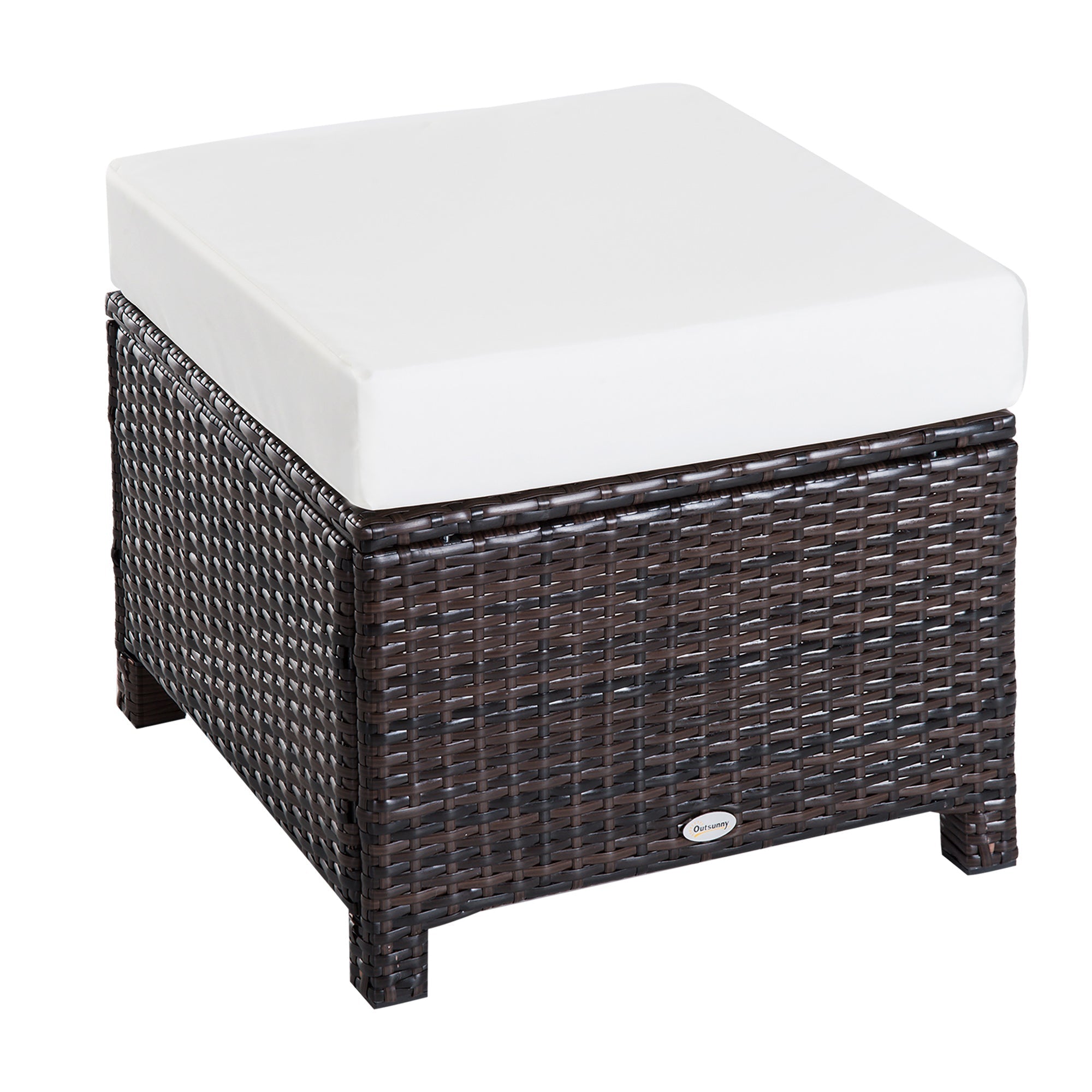 Rattan Footstool Wicker Ottoman with Padded Seat Cushion Outdoor Patio Furniture for Garden Poolside Living Room, 50 x 50 x 35 cm, Brown Brown