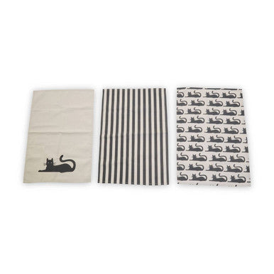 Set of Three Black Cat Print Tea Towels