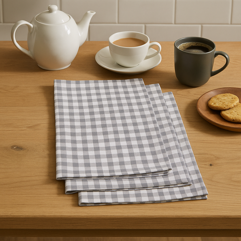 Set of Three Grey and White Cotton Tea Towels