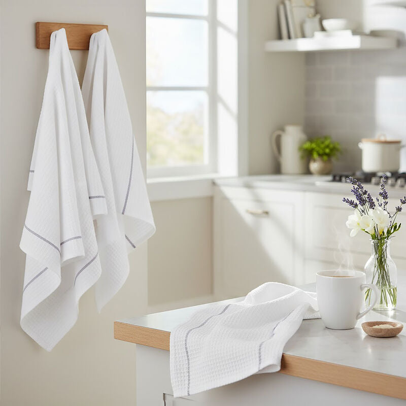 Set of 3 White and Grey Violet Waffle Tea Towels