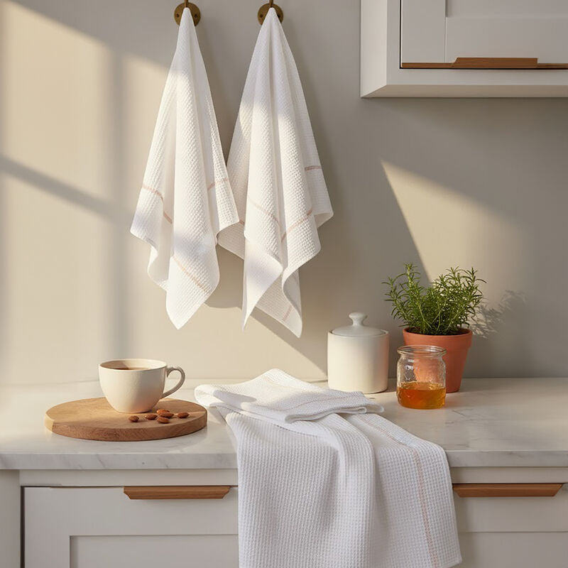 Set of 3 White and Almond Waffle Tea Towels