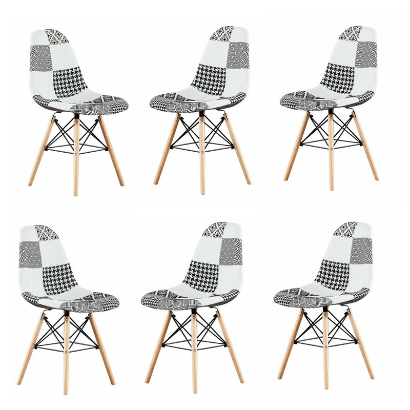 Black/White Patchwork Modern Dining Chair with Wooden Legs & Black Metal Wire Frame Set of 6