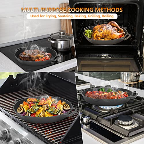 Cast Iron Pan Serving Pan Frying Pan Casserole 13.8 inch Pre-Seasoned BBQ Grill Pan for Gas Grill, Charcoal Grill Frying Pan, Pizza Pan, Oven
