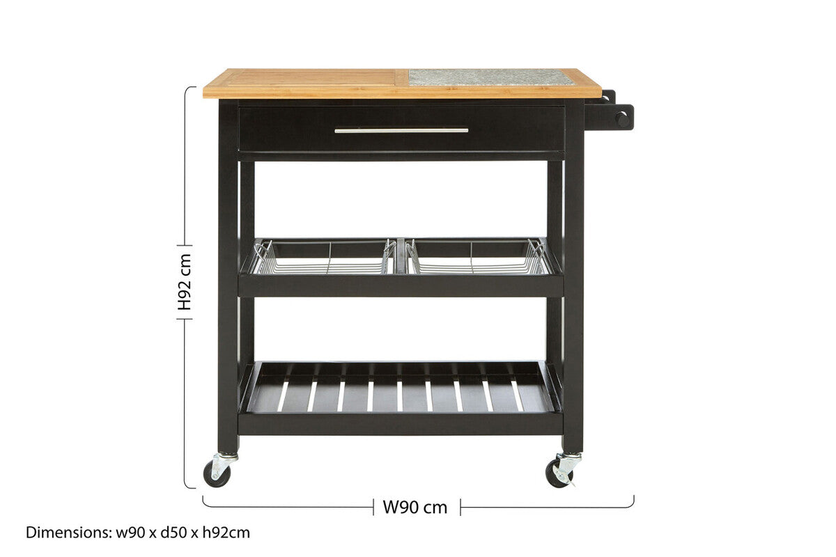 Black Kitchen Trolley with Granite Chopping Surface