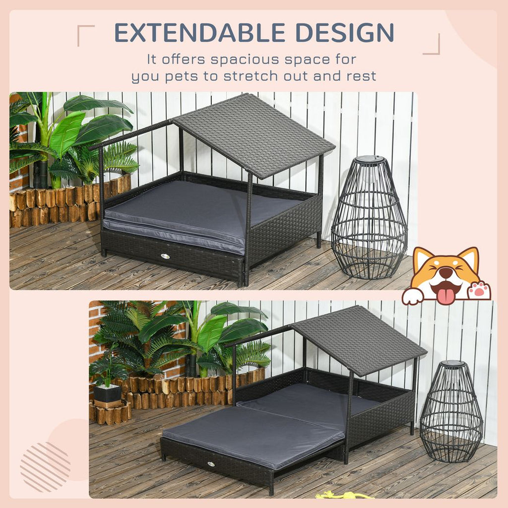 Extendable Rattan Dog House with Water-Resistant Roof, Cushion