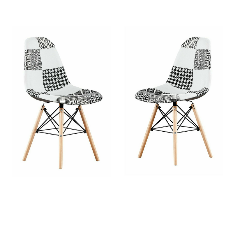 Black/White Patchwork Modern Dining Chair with Wooden Legs & Black Metal Wire Frame Set of 2