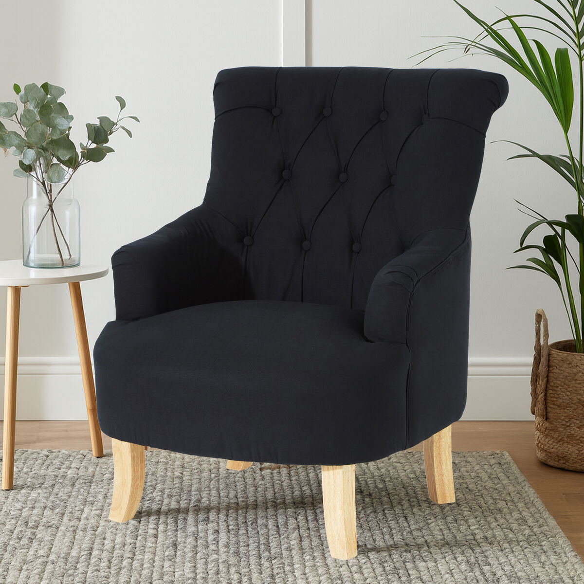 Black Fabric Button Tufted Armchair