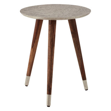 Boho Acacia Wood Side Table with White Finish Carved Top