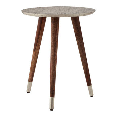 Boho Acacia Wood Side Table with White Finish Carved Top
