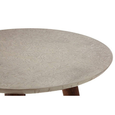 Boho Acacia Wood Side Table with White Finish Carved Top