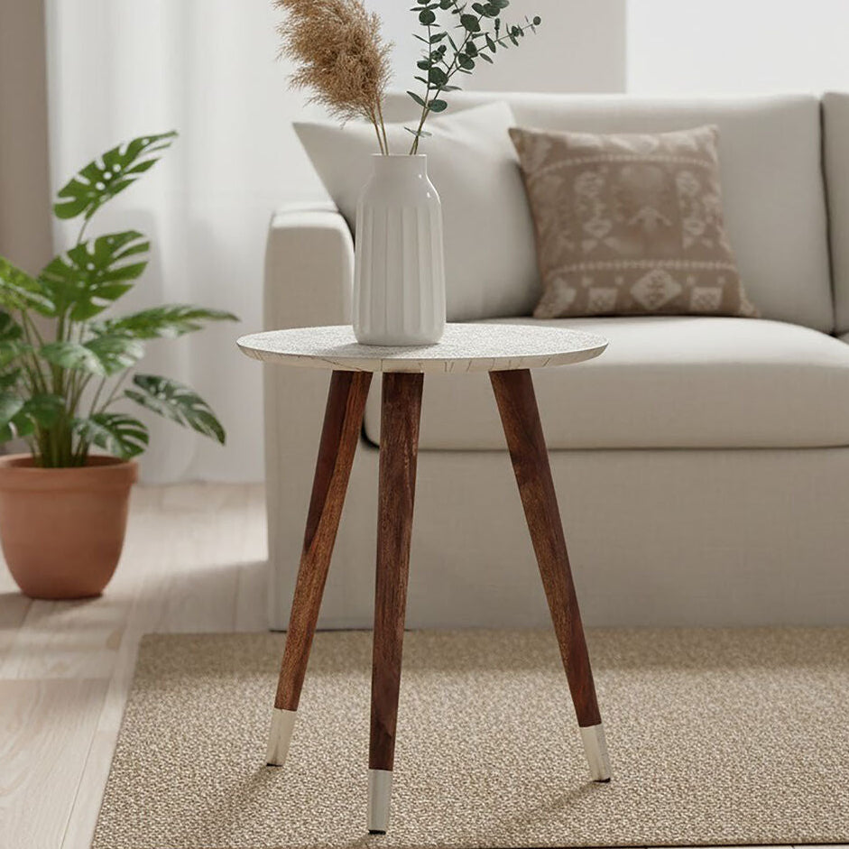 Boho Acacia Wood Side Table with White Finish Carved Top