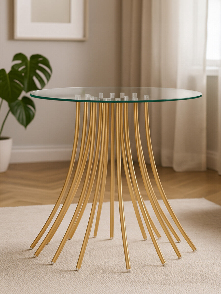 Clear Glass Round Side Table with Gold Finish Curved Legs