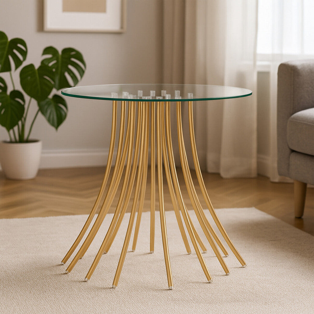 Clear Glass Round Side Table with Gold Finish Curved Legs