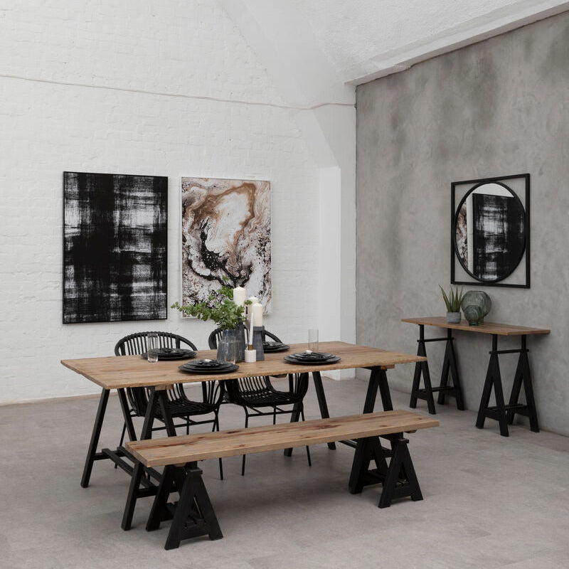 Pine Wood and Black Metal Bench